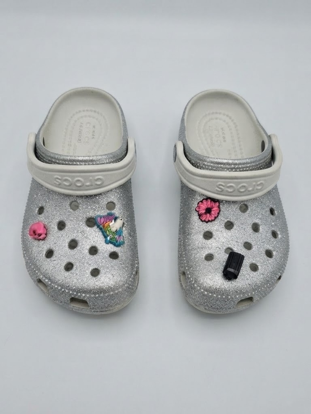 Crocs Kids Toddler Silver Glitter Clogs Shoes With Jibbitz Size 11